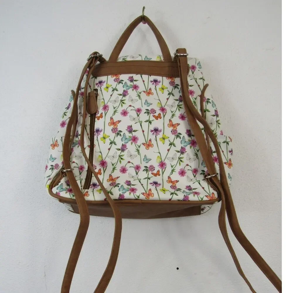 Multisac Major Backpack Floral Butterflies White Brown Multi Pocketed Adjustable